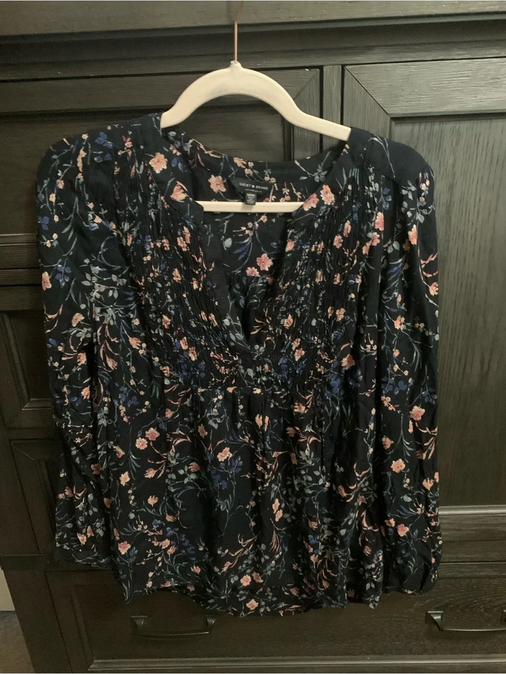 Lucky Brand Navy Floral Smocked V-Neck Blouse